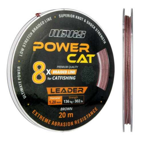 Nevis Power Cat 8x Fonott Zsinór Előkezsinór Harcsázáshoz, 20m, 1.20mm, Barna - Fonott előkezsinór