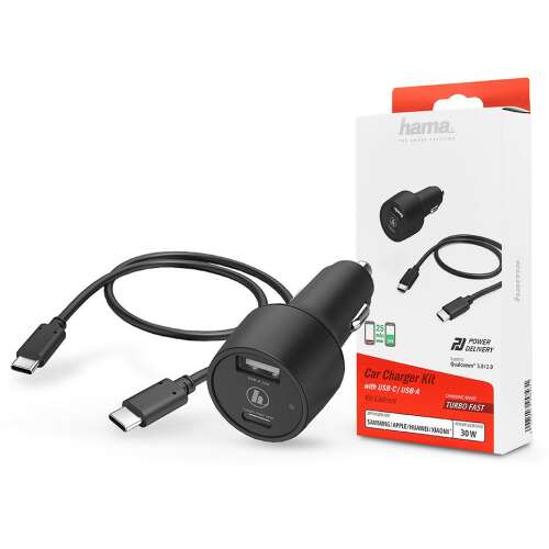 HAMA szivargyújtó töltő adapter USB + Type-C bemenettel + Type-C - Type-C kábel - 30W - HAMA Car Charger Kit with USB-C/USB-A - fekete 66111811