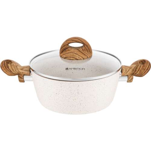 Ambition Nature Garnek 20 cm z pokrywką, biały z drewnianymi uchwytami