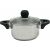 Edelstahlkasserolle mit Glasdeckel und schwarzen Griffen