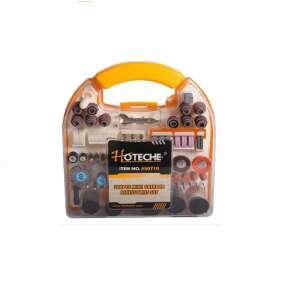 Hoteche 300 piece mini grinder accessories set, in a clear plastic case with a yellow handle, showing the contents of the set - Sanding Accessory