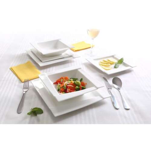 Ambition Kubiko 18 részes fehér étkészlet, négyzet alakú tányérok és tálak, modern design