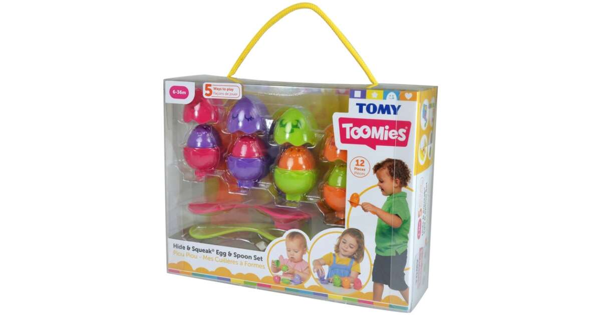 Tomy Toomies Peek-a-boo surprise eggs on a spoon