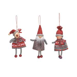 Set de 3 decorațiuni de Crăciun agățate, ren, Moș Crăciun și om de zăpadă, din textile, 6x12x4cm - Decorațiuni pentru pomul de Crăciun