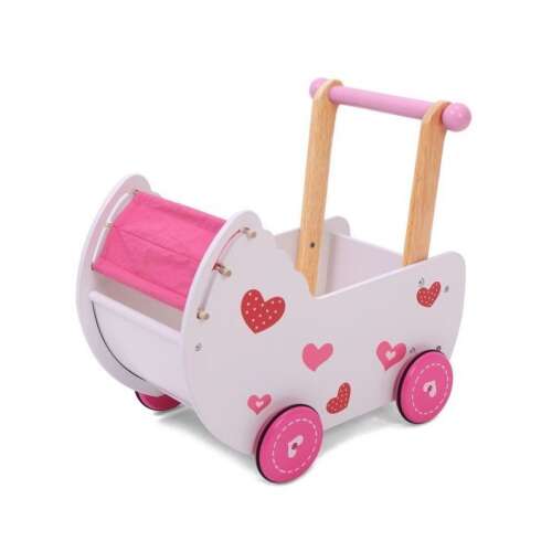 Ecotoys fa Járássegítő - Babakocsi #fehér-rózsaszín, pink and white wooden baby walker with heart design