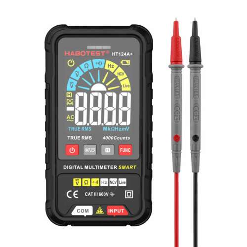 Habotest HT124A+ digital multimeter with test leads, measuring voltage, resistance, and other values