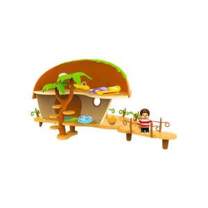 Sekiguchi Monchhichi Kauri's House Spielset, ein braunes Baumhaus mit einer Palme, einer Brücke und einer Monchhichi-Puppe, die auf der Brücke steht - Silverlit