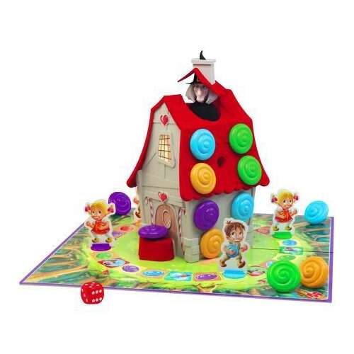 Jancsi és Juliska Brettspiel mit einem Lebkuchenhaus, einer Hexe, einem Spielbrett und Spielfiguren