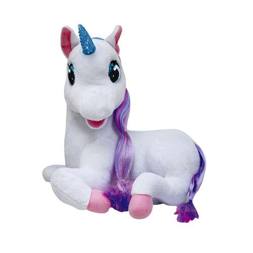 Dimian Luna Talking Plush Unicorn, interactive toy for kids, white unicorn with purple mane and tail, lying down