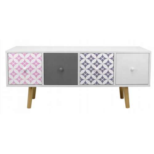 Vintage Komód #fehér-szürke chest of drawers with 4 drawers, white with pink and grey patterned fronts, wooden legs