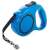 Blue retractable dog leash with a black handle and a silver hook