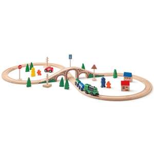Set trenulet din lemn Woodyland cu locomotiva pe baterii si accesorii - Tren, element feroviar, autostradă