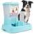 Automatic pet feeder with food and water dispenser, blue color, dog in the background