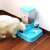 Automatic pet feeder with food and water dispenser, blue color, cat eating from the bowl