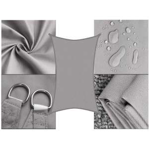 Collage, das wasserdichtes Gewebe, verstärkte Ecken und Materialdetails des grauen Sonnensegels zeigt - Garten