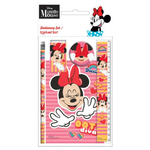 Disney Minnie Mouse Stationery Set, 5 piece set, includes pencil, eraser, ruler, notepad, and sharpener