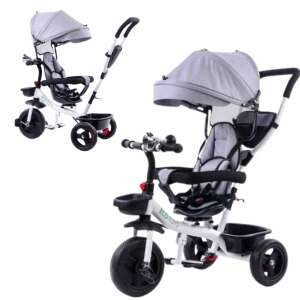 Ecotoys Premium Plus 360° rotatable tricycle with horn, grey, collage showing different angles and features - Tricycle