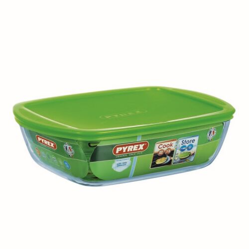 Pyrex Cook&Store 2.5L téglalap alakú üveg sütőtál zöld fedővel