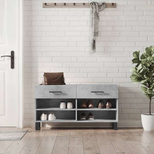 Betonszürke műfa cipőpolc 102 x 35 x 55 cm cipőállvány egy folyosón, cipőkkel a polcokon, szürke beton hatású - Cipőtároló