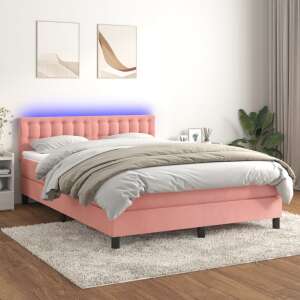 Rózsaszín bársony ágykeret LED világítással és matraccal, 140x200 cm - Bútor