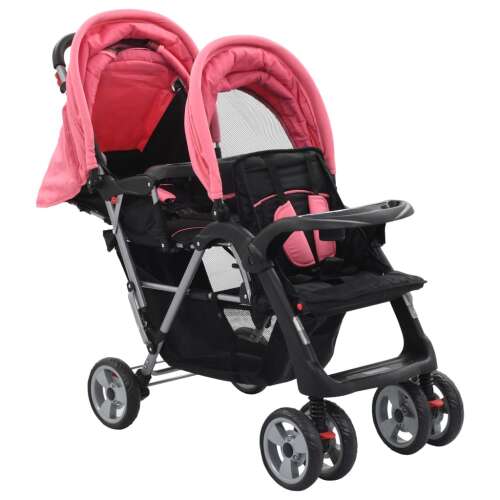 Acél Tandem Babakocsi - Rózsaszín/Fekete - 2 Üléses