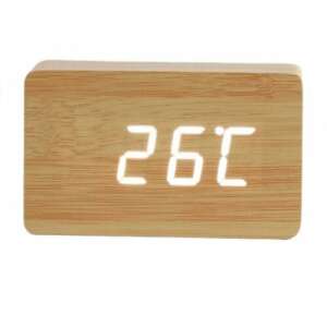 Light brown wooden digital alarm clock with white LED display showing the time and temperature - Alarm Clock