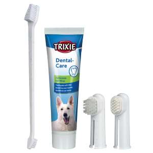 Set periuță de dinți și pastă de dinți Trixie Dental Care pentru câini, 2 periuțe de dinți pentru deget, pastă de dinți cu mentă - Trixie
