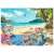 Ravensburger 1000 piece jigsaw puzzle, The Shell Collector, completed puzzle showing a tropical beach scene with a shell collection and jewelry making tools