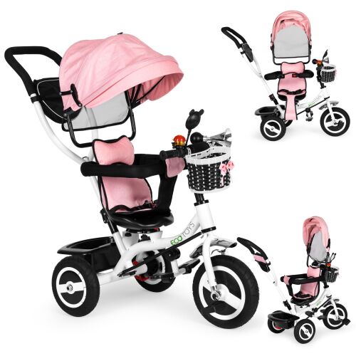 Ecotoys pink tricycle with rotating seat, adjustable canopy, and parent handle
