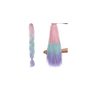 Pink, blue, and purple ombre synthetic braiding hair, showing the hair in a braid and loose - Hair extensions