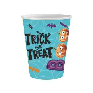 Halloweenowe kubki papierowe Trick or Treat, 6 sztuk, 250 ml, niebieskie z dyniami i nietoperzami - Szkło jednorazowego użytku