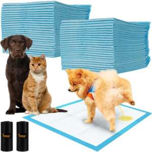 Purlov dog pee pads 60x60cm - 50 pads + 30 dog waste bags, collage with dog and cat, usage example - Purlov