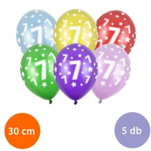 7 éves szülinapi lufik, 5 db, 30 cm, vegyes színek, fehér csillagokkal és 7-es számmal - Party kellék