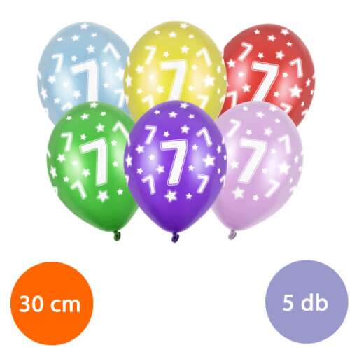 7 éves szülinapi lufik, 5 db, 30 cm, vegyes színek, fehér csillagokkal és 7-es számmal