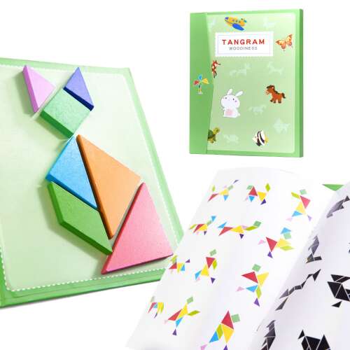 Magnetic Tangram puzzle book with 96 patterns, colorful wooden pieces, and a booklet for kids