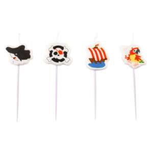 Pirate themed birthday cake candles, set of 4, featuring a parrot, pirate ship, skull and crossbones, and pirate hat - Birthday Candle & Cake Topper