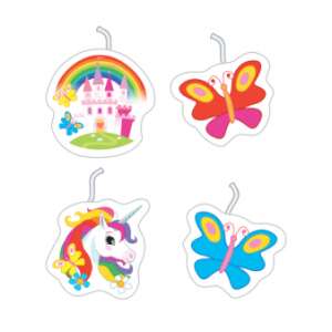 4 pack unicorn birthday cake candles, set includes unicorn, castle, and butterfly designs - Birthday Candle & Cake Topper