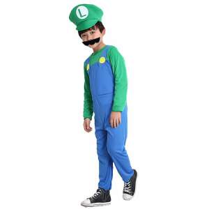 Luigi Super Mario costume for kids, green shirt, blue overalls, green hat, L letter, yellow buttons, mustache, kids wearing the costume - KidMania Costume for Kid