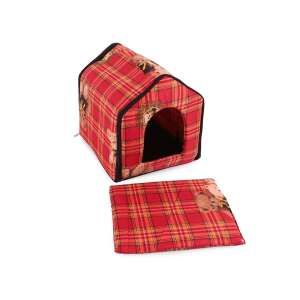 Red and yellow plaid dog house with teddy bear print, XL size - Pet Care