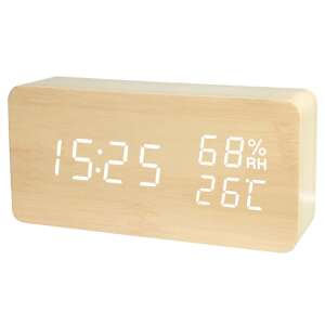 Digital alarm clock with wooden frame, showing time, humidity and temperature - Verk Group