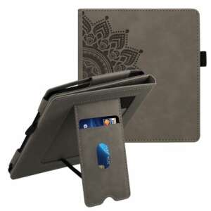 Kwmobile Kindle Oasis 10th Generation Case, Grey, Eco-Leather, Stand Function, Card Slot, Hand Strap, Mandala Design - Electronic
