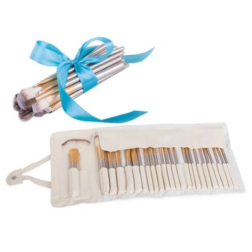 24 piece professional makeup brush set with a white case and blue ribbon