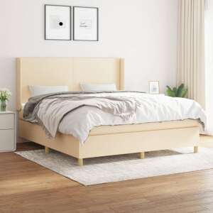 vidaXL cream fabric sprung bed with mattress, 160 x 200 cm, cream fabric, solid pine wood, plywood, wood, 203 x 163 x 118/128 cm - Furniture