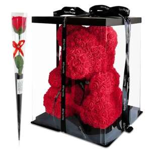 Piros rózsa maci díszdobozban egy szál szappan rózsával. Tökéletes ajándék Valentin-napra, születésnapokra vagy évfordulókra. - Ajándék ötlet Valentin-napra