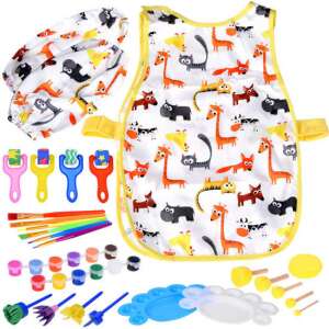 27 piece kids painting set with apron and sleeves, featuring animal print design - Ramiz