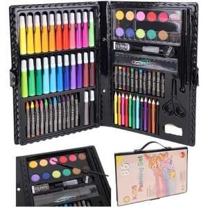 86 piece kids painting set with crayons, colored pencils, oil pastels, watercolor paints, and more in a black carrying case - Iso Trade
