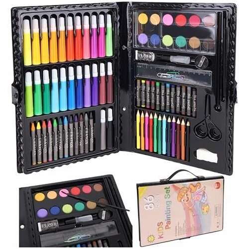 86-teiliges Malset für Kinder mit Buntstiften, Malkreiden, Ölpastellen, Wasserfarben und mehr in einer schwarzen Tragetasche