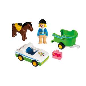 Playmobil 1.2.3 Lószállító autó készlet, lány figurával, lóval, autóval, pótkocsival és táskával - Playmobil 1-2-3