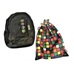 Rubik iskolai hátizsák szett, tartalmaz egy fekete hátizsákot Rubik kocka mintával és egy színes húzózsinóros táskát - Tornazsák