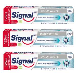 Pastă de dinți Signal Family Care Daily White, 3 x 125ml, Formulă nouă, Fluor activ, Bicarbonat de sodiu, Dinți mai albi, Blândă cu smalțul - Frumusețe și sănătate